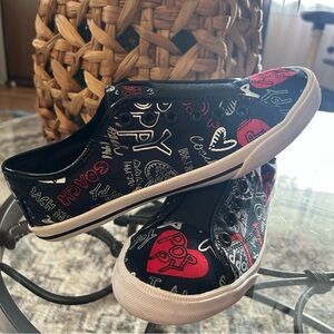 Coach Black Canvas Sneakers with Red and White Pop Heart Graphics